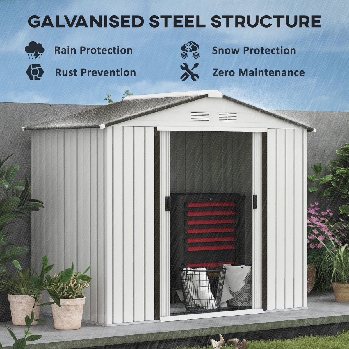 7'x 4'x 6' Garden Tool Shed Metal Storage Shed w/ Foundation Kit, Vents and Double Doors – Silver