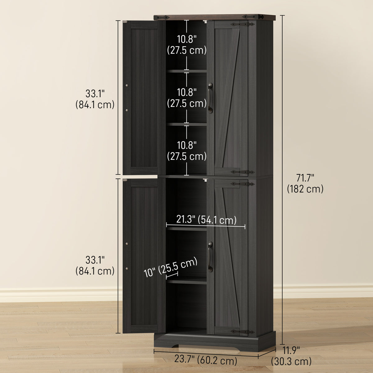 Farmhouse Freestanding Kitchen Storage Cabinet with Adjustable Shelves – 24"W x 72"H