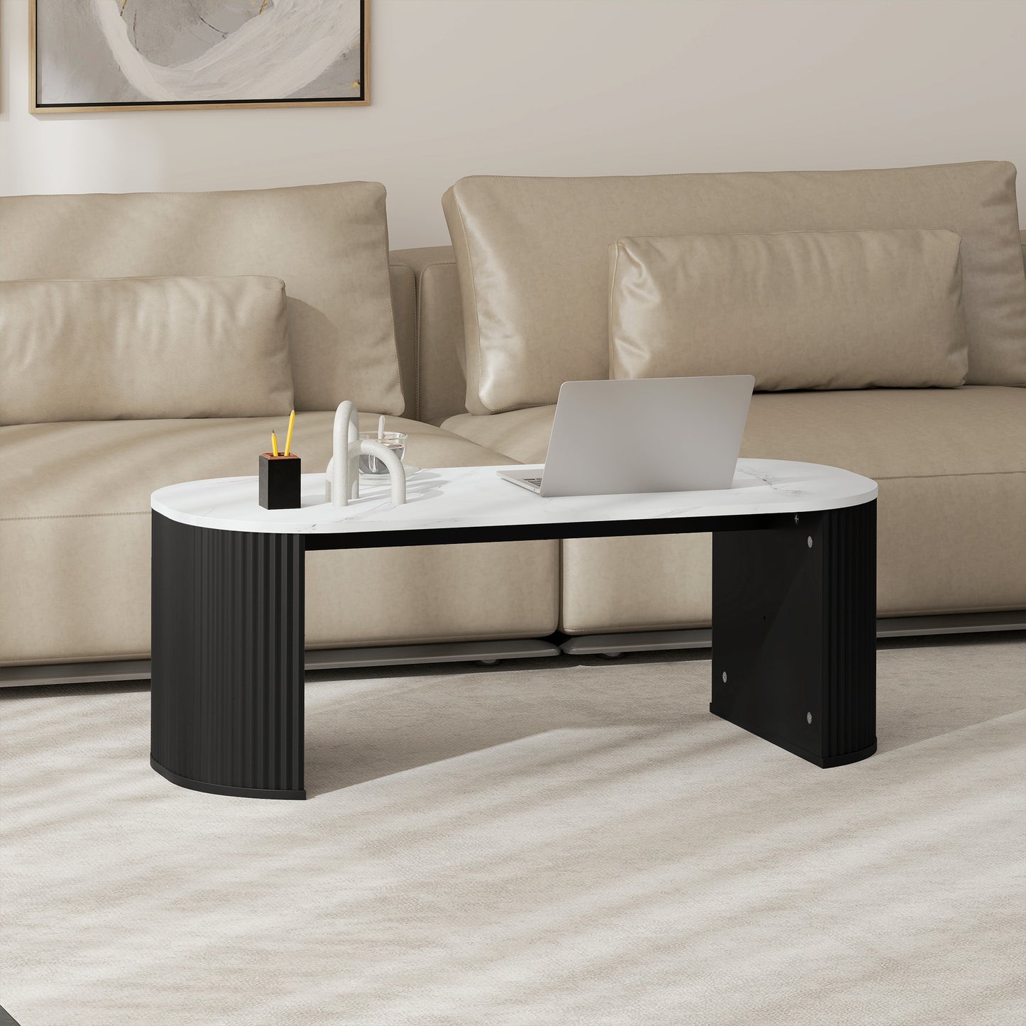 HOMCOM Modern Marble-Effect Coffee Table, Rounded Corners, Thick Black Legs