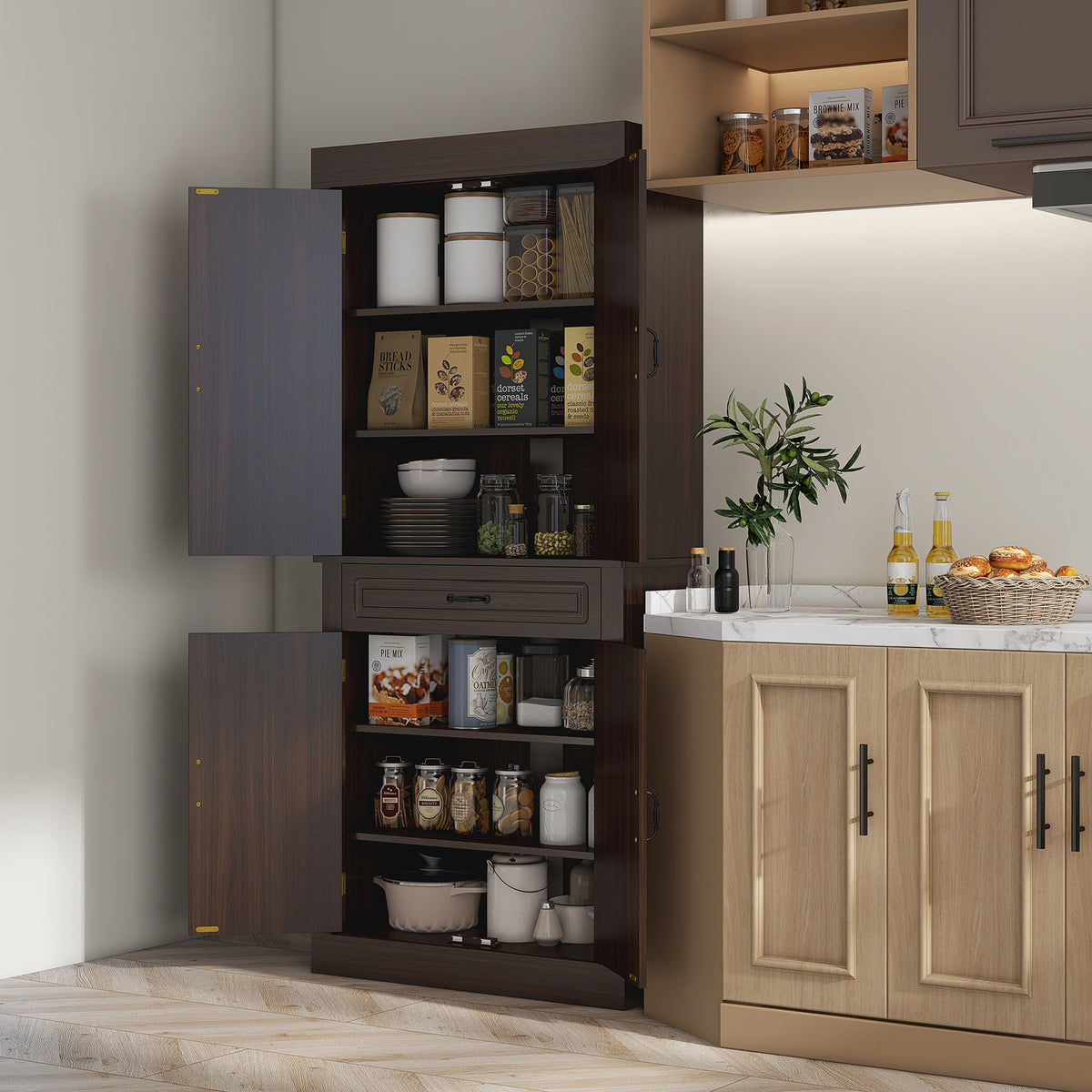 Freestanding Kitchen Pantry with 4 Doors and 2 Cabinets – 32"W x 71"H