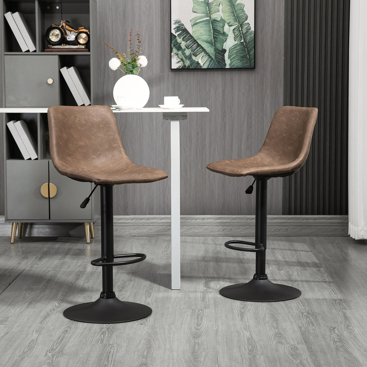 Retro Faux Leather Adjustable Swivel Counter Stools, Set of 2, Coffee Brown