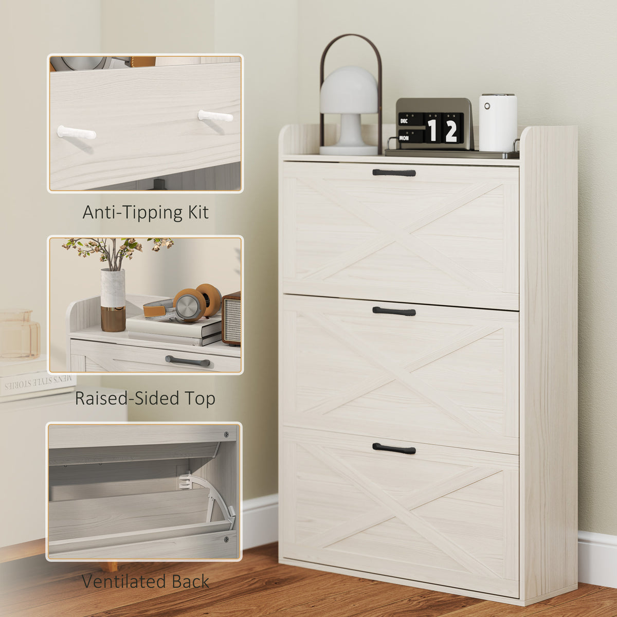 Farmhouse Shoe Cabinet with 3 Flip Drawers – 31"W x 49"H