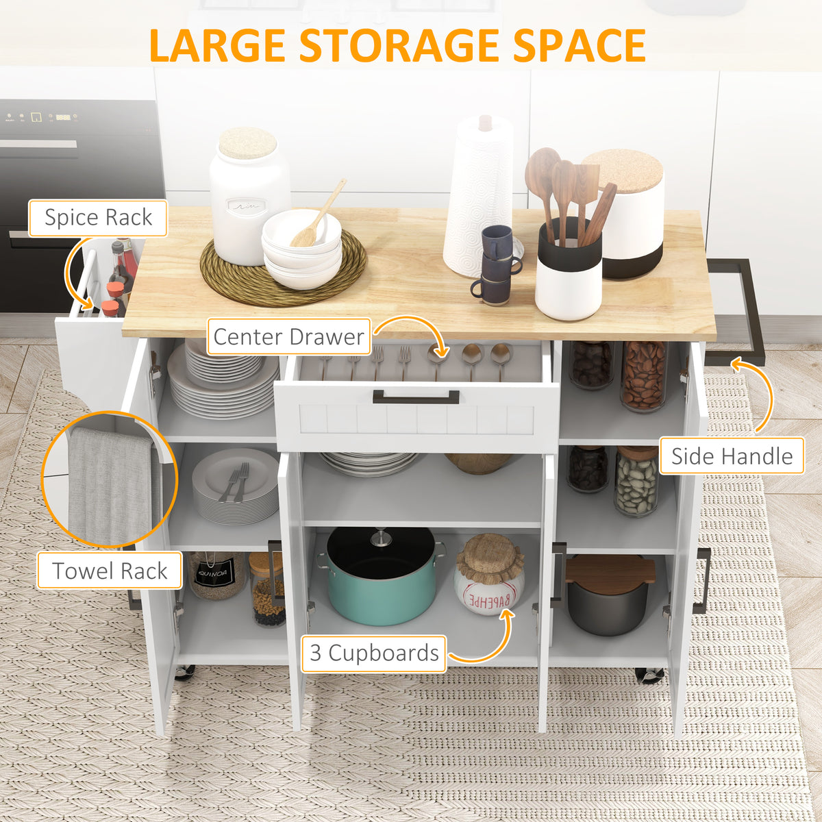 Modern Rolling Kitchen Island Cart with Drawers – 52"W x 36"H