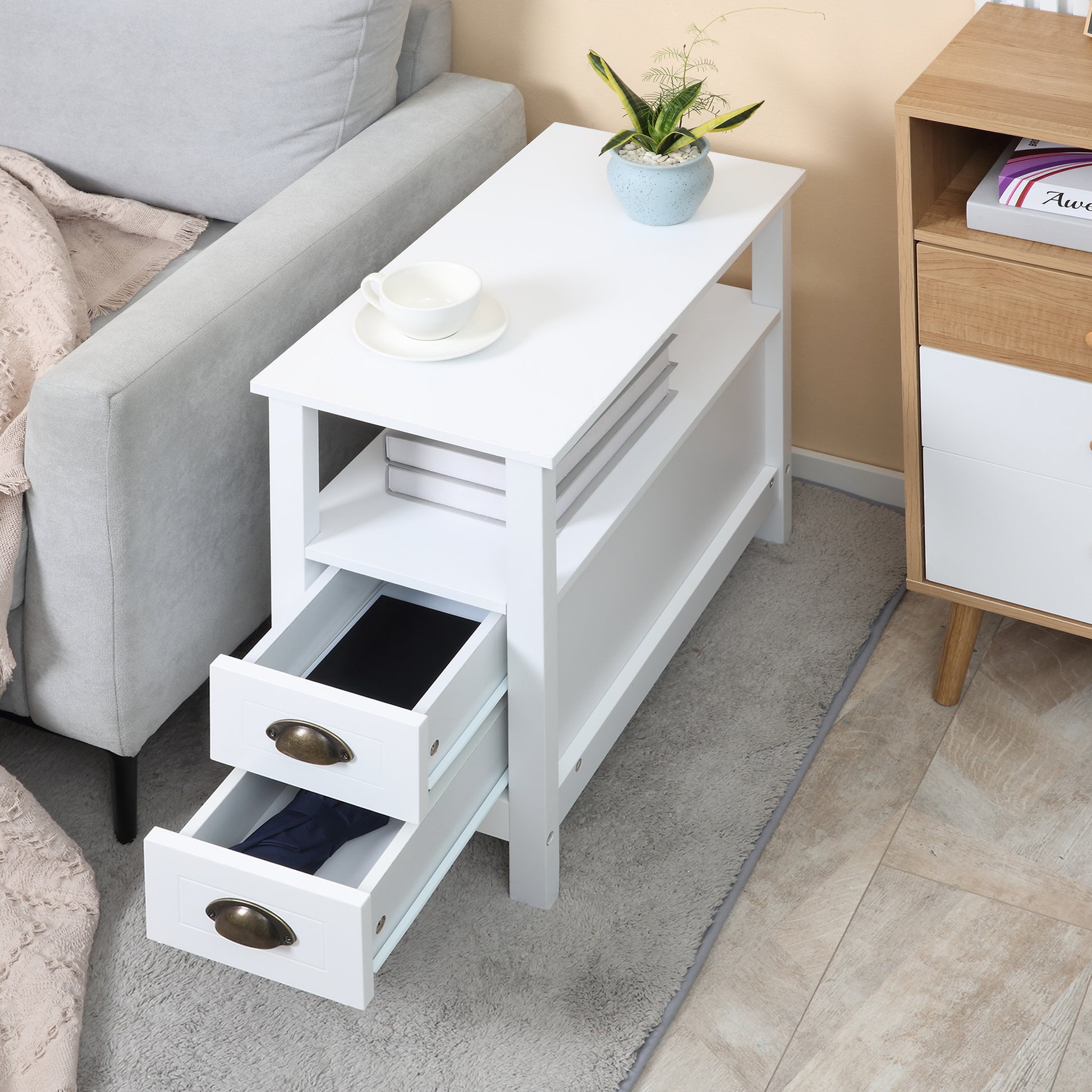 HOMCOM Modern Slim White End Table with 2 Drawers and Storage Shelf