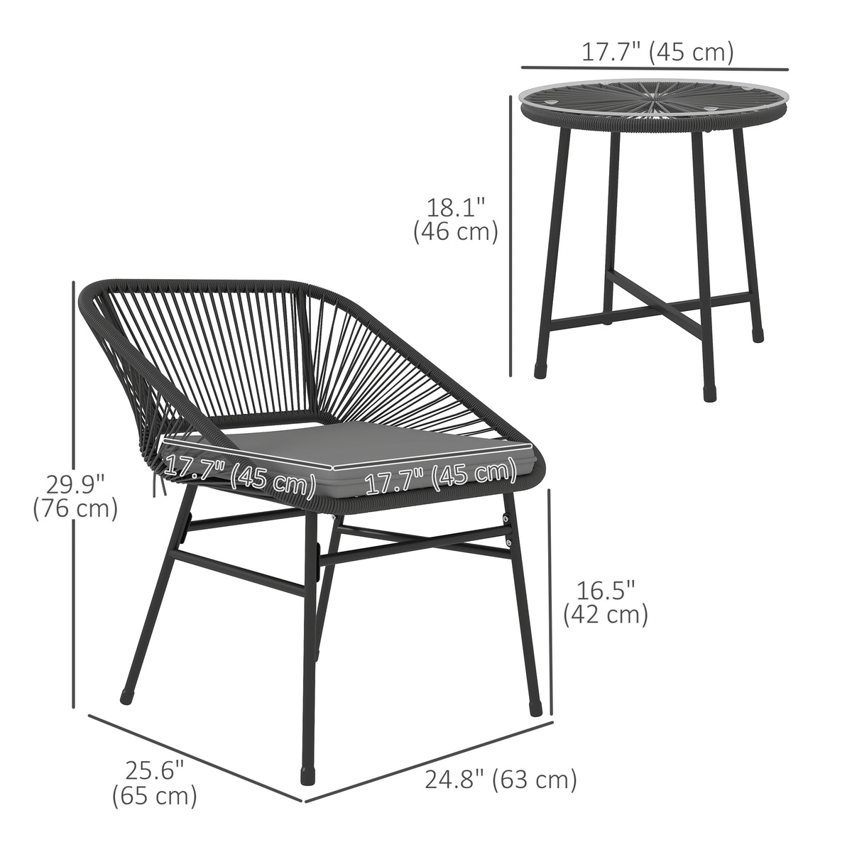 3 Piece Bistro Set, Wicker Outdoor Patio Furniture Set with Glass Top Table, Cushions for Balcony, Porch