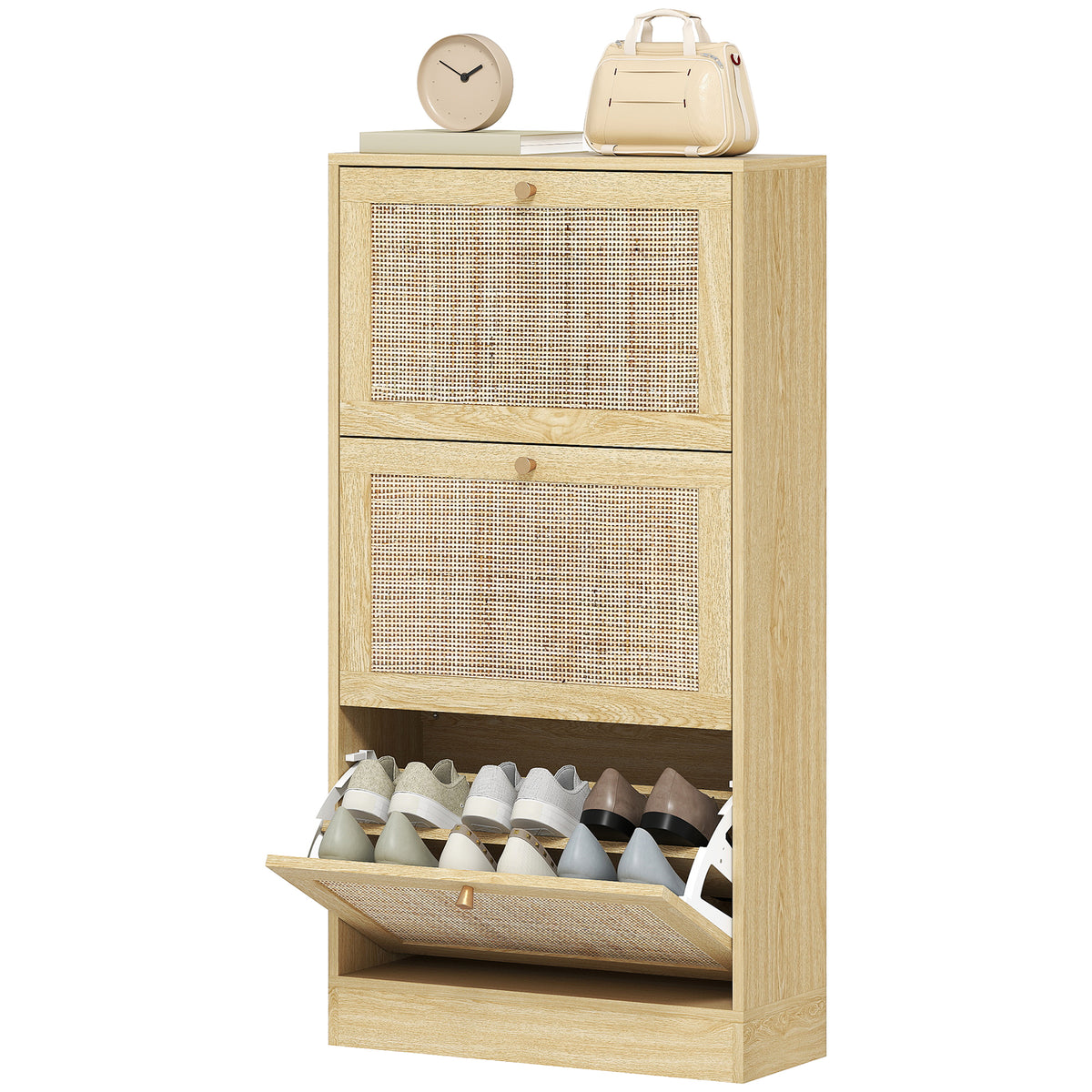 Rattan Shoe Storage Cabinet with 3 Flip Drawers – 24"W x 45"H