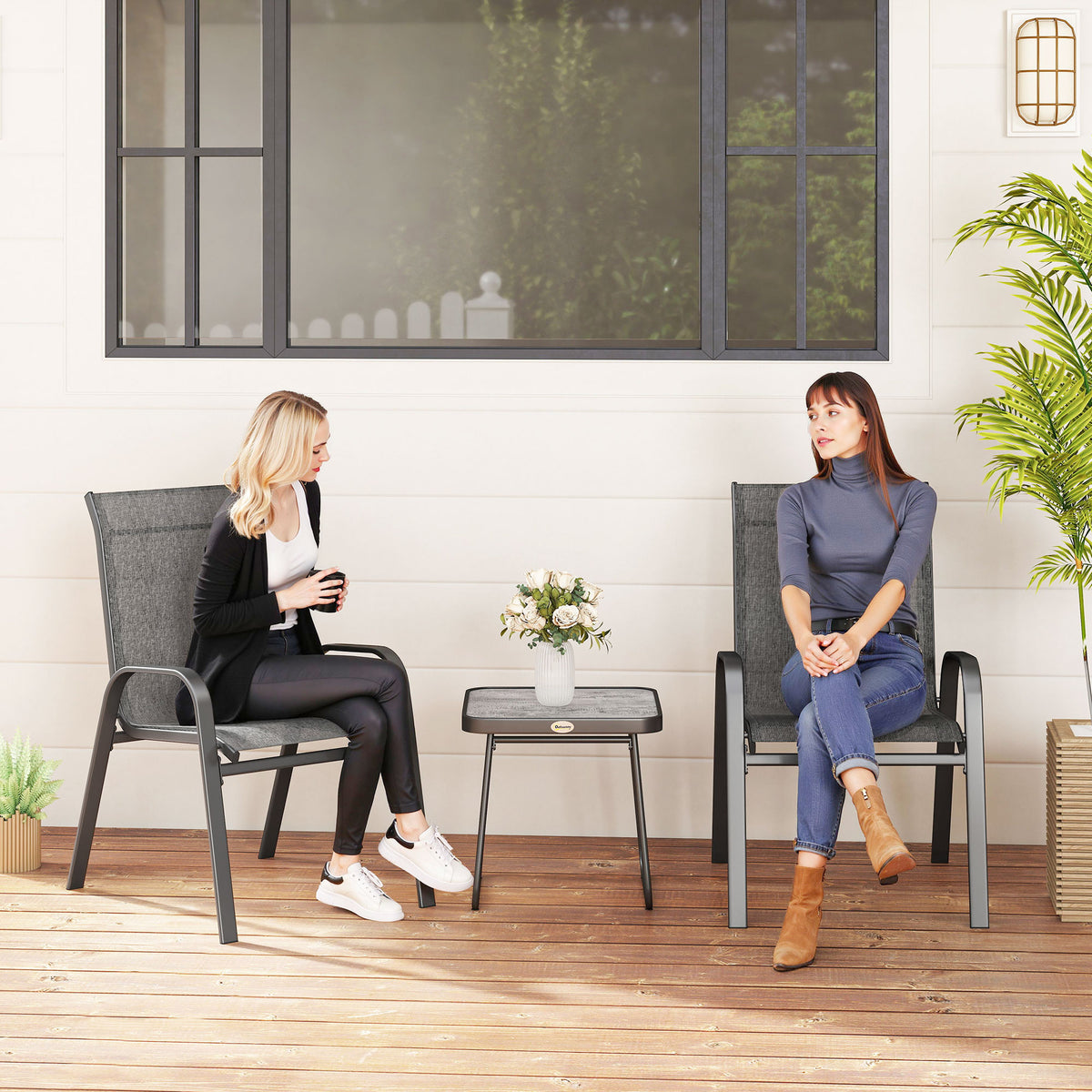 Outdoor Bistro Set of 3, 3-Piece Patio Set with Breathable Mesh Fabric, Stackable Chairs and Square Table