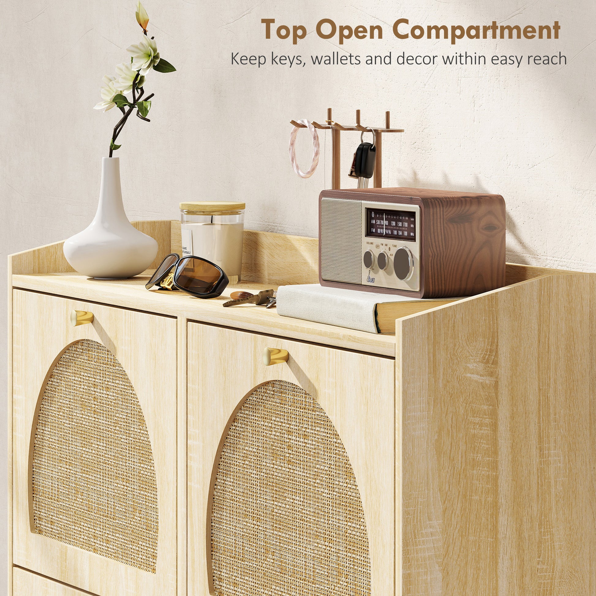 HOMCOM Natural Rattan 4-Flip Drawer Shoe Cabinet, Adjustable Shelves, Stores 16 Pairs