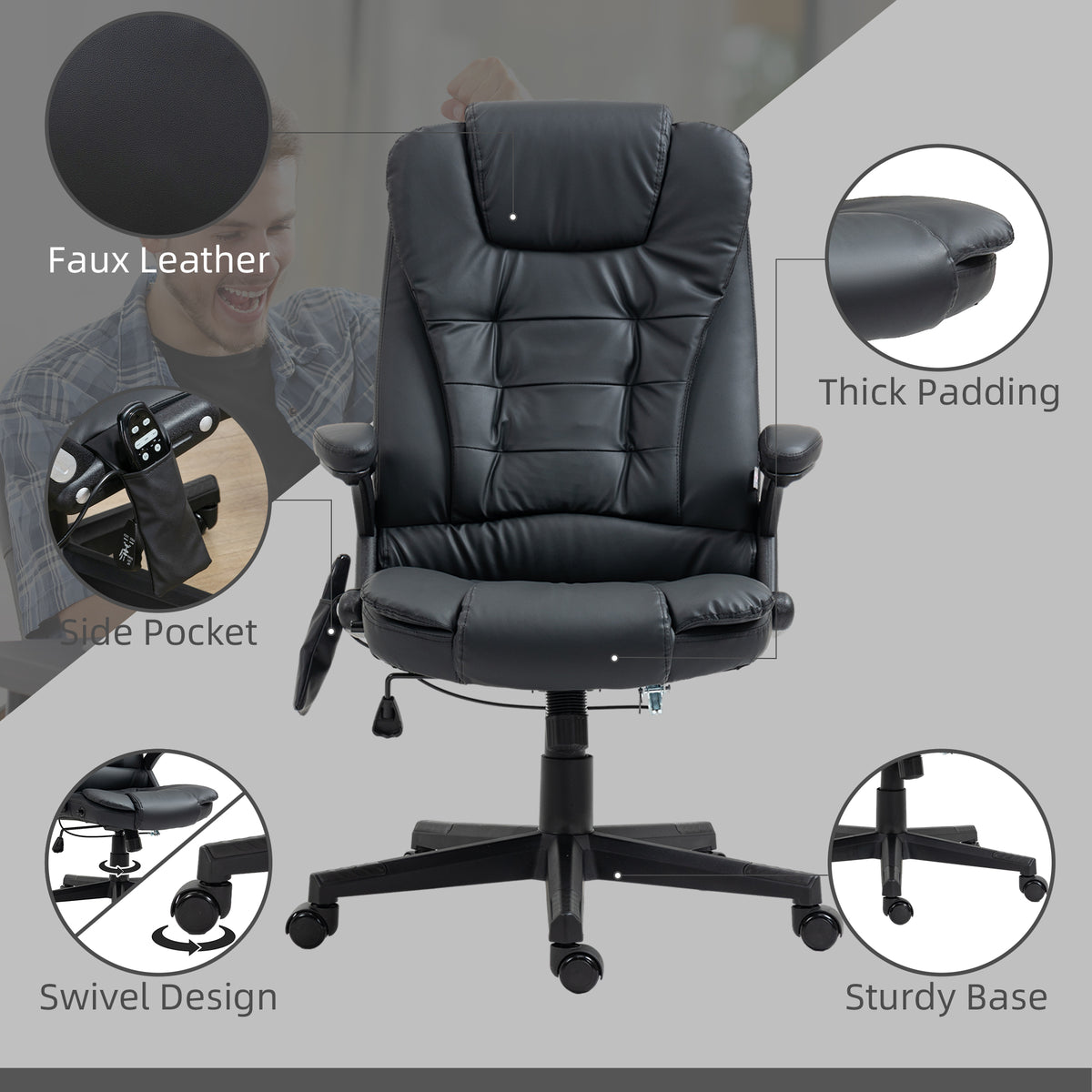 Executive Heated Massage Office Chair, High Back Reclining Faux Leather Vibrating Swivel Chair, Black