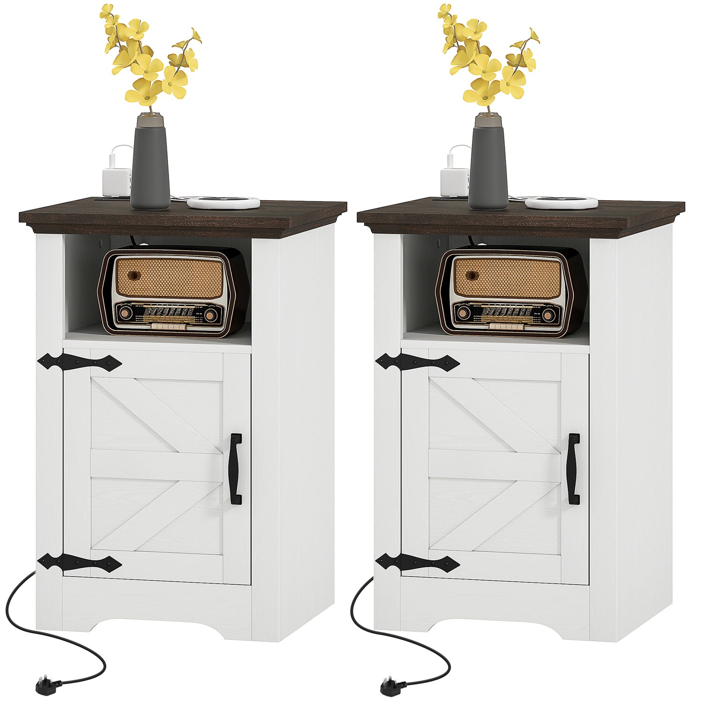 HOMCOM Set of 2 White Nightstands with Charging Outlets, Rustic Side Tables