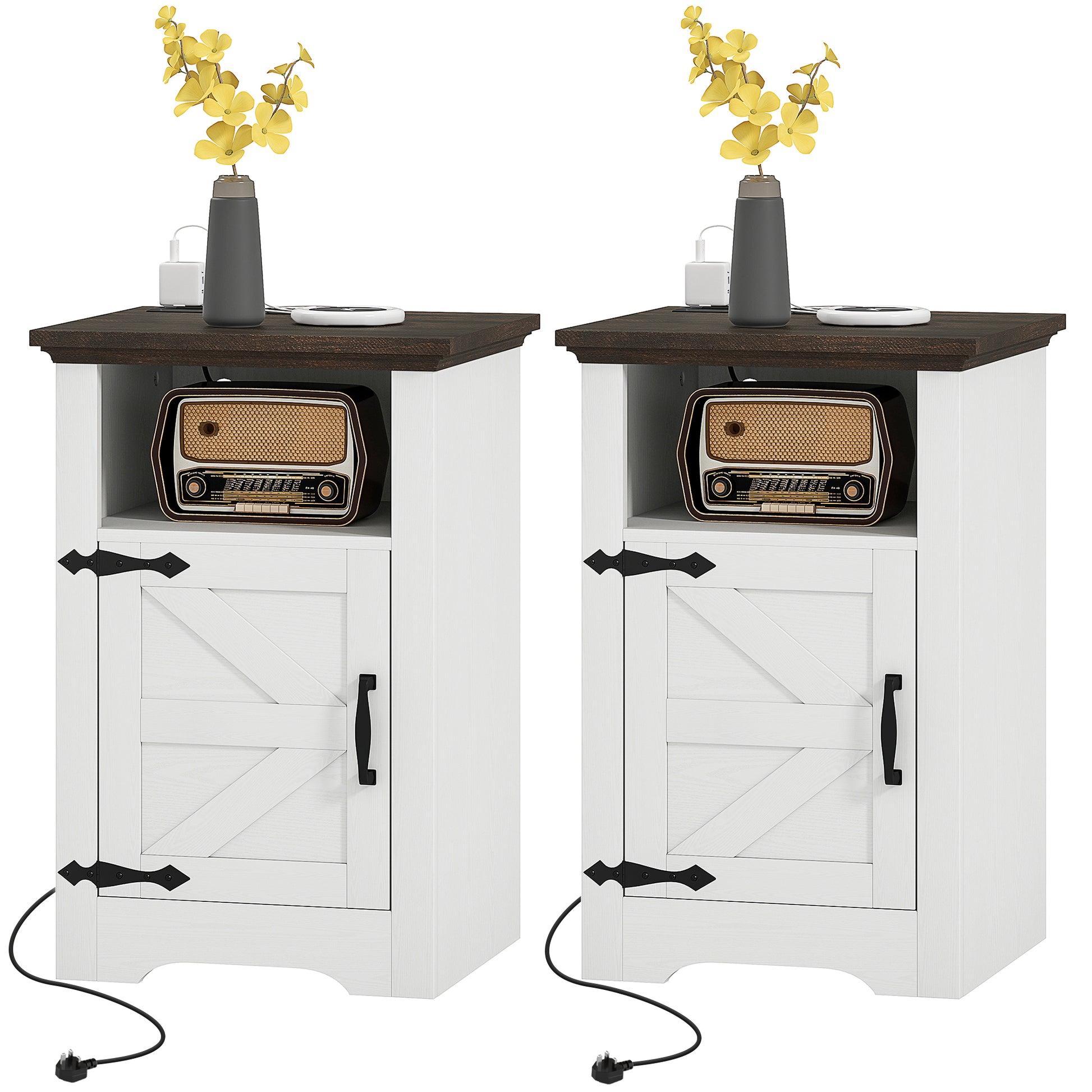 HOMCOM Set of 2 White Nightstands with Charging Outlets, Rustic Side Tables