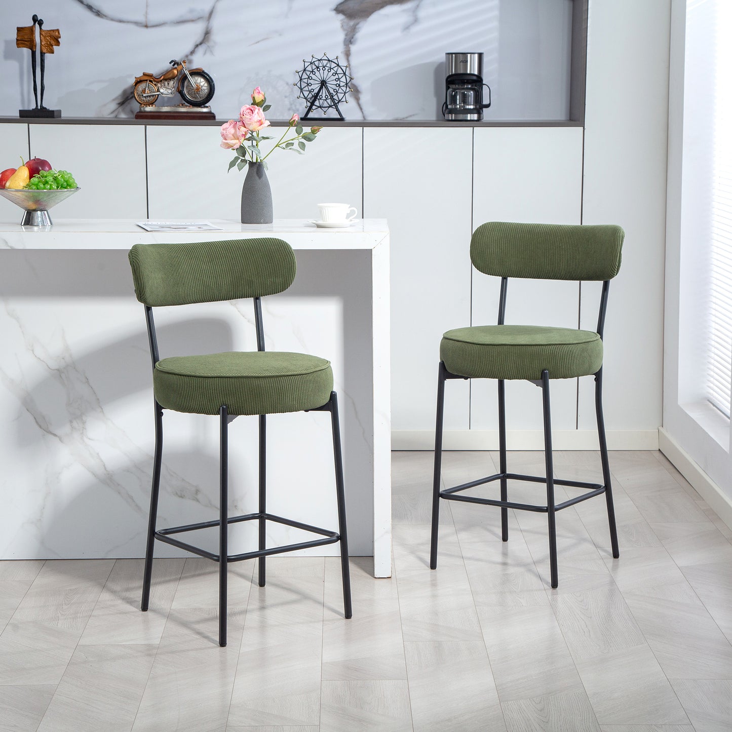 HOMCOM Set of 2 Green Corduroy Bar Stools with Backrest, Footrest