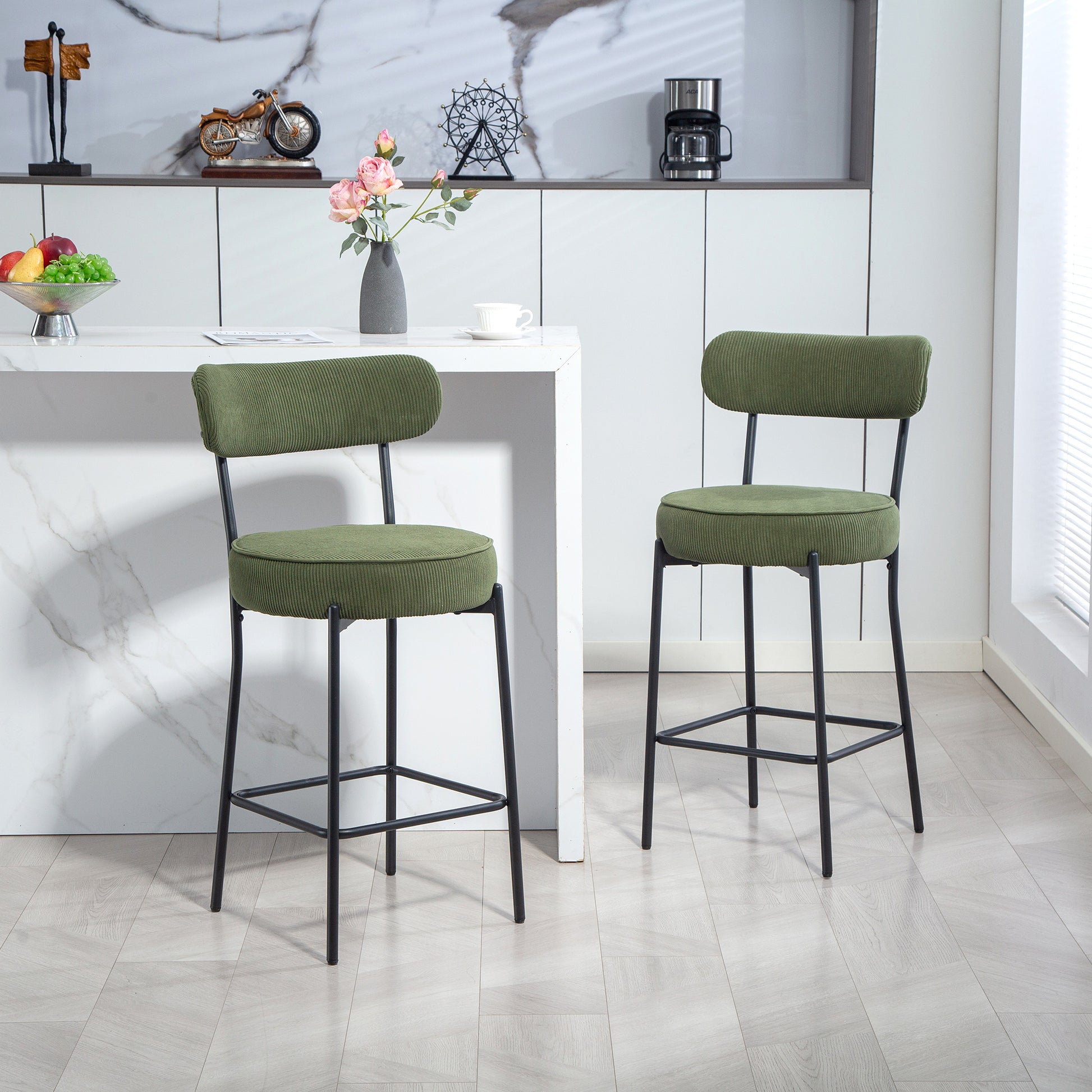 HOMCOM Set of 2 Green Corduroy Bar Stools with Backrest, Footrest