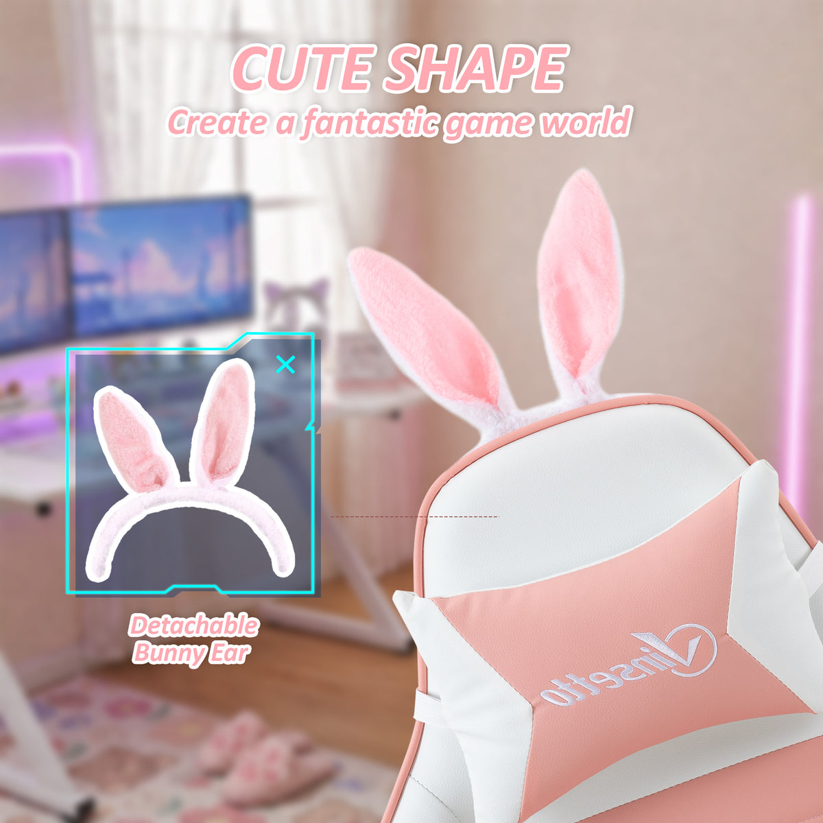 Cute Racing Gamer Chair, PU Leather Gaming Chair with Footrest, Pink