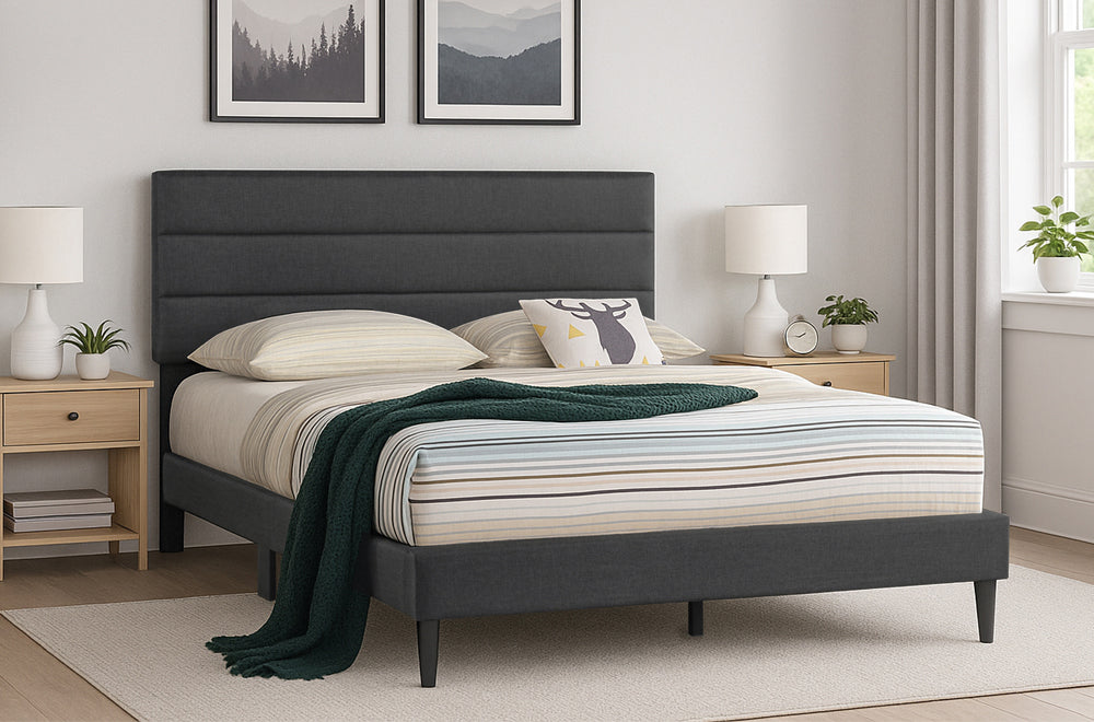 T2103 Modern Upholstered Linen Platform Bed Frame Adjustable Headboard