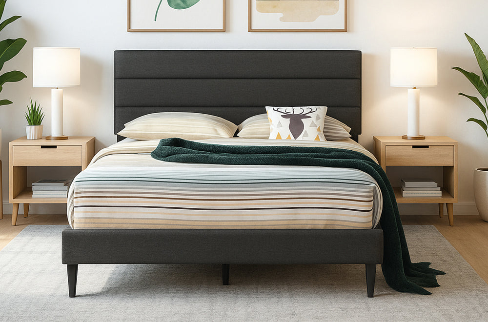 T2103 Modern Upholstered Linen Platform Bed Frame Adjustable Headboard