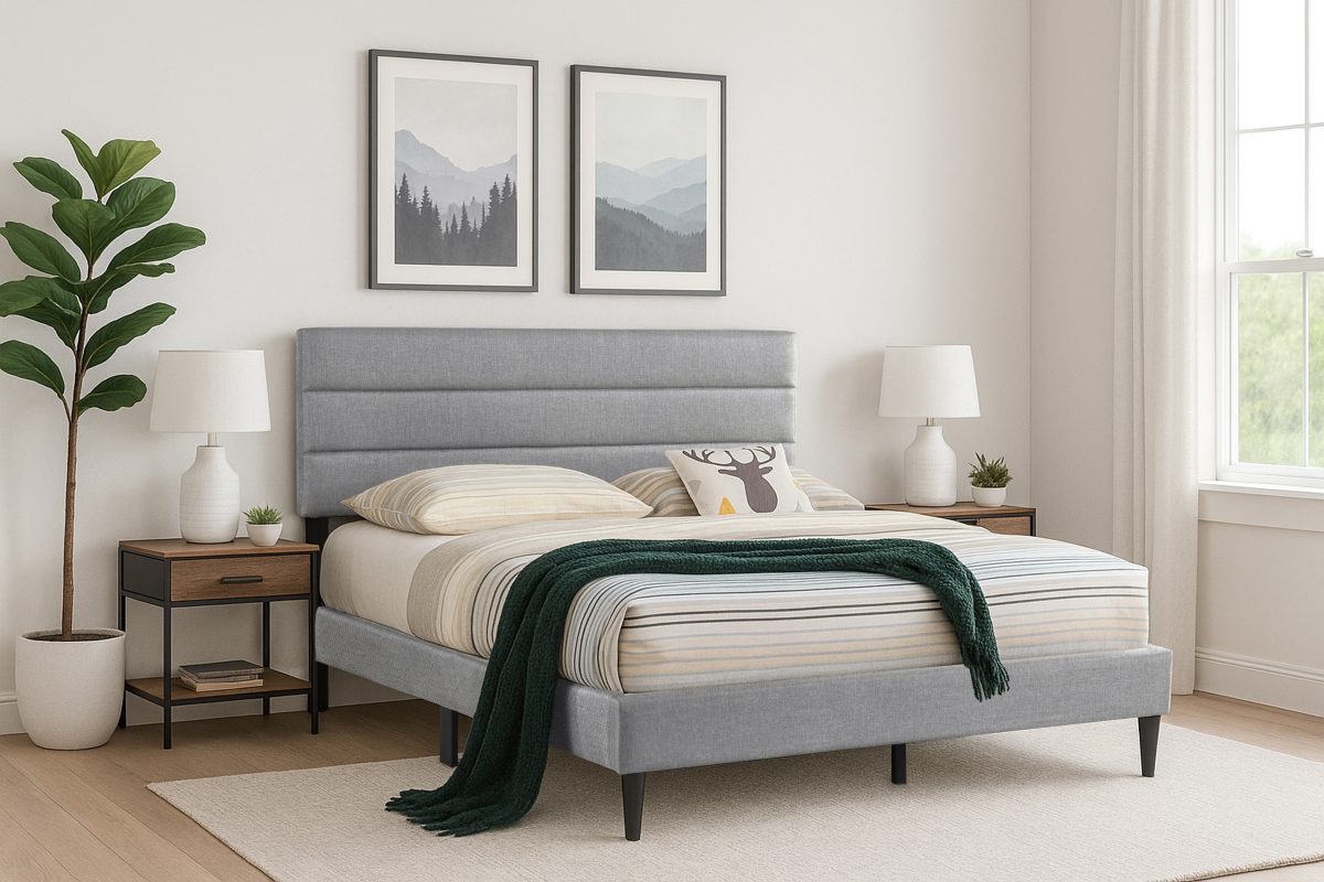 T2103 Modern Upholstered Linen Platform Bed Frame Adjustable Headboard
