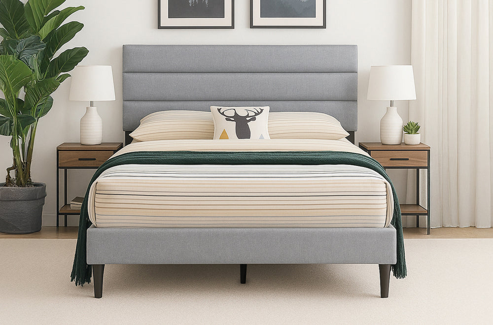T2103 Modern Upholstered Linen Platform Bed Frame Adjustable Headboard