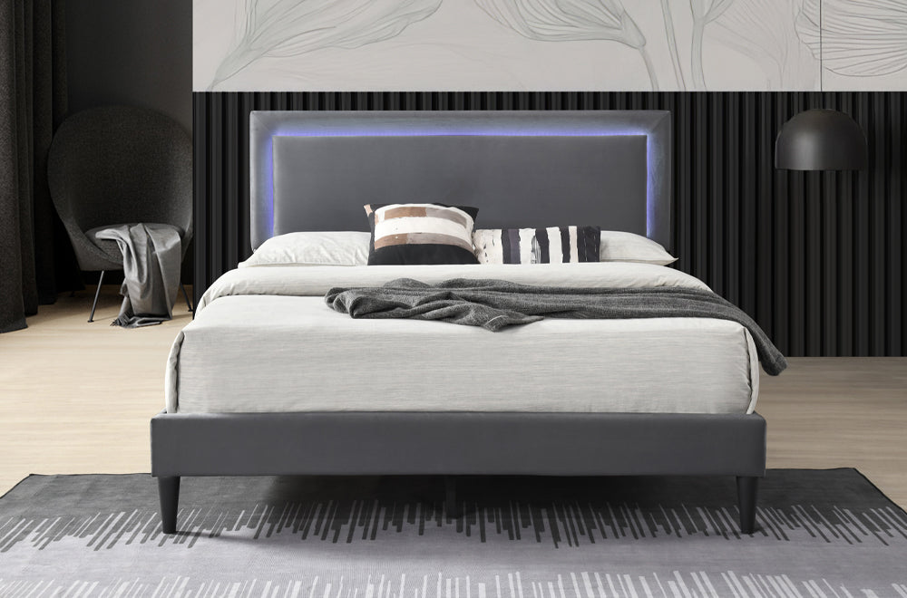 Modern Linen Platform Bed Adjustable LED Headboard T2104
