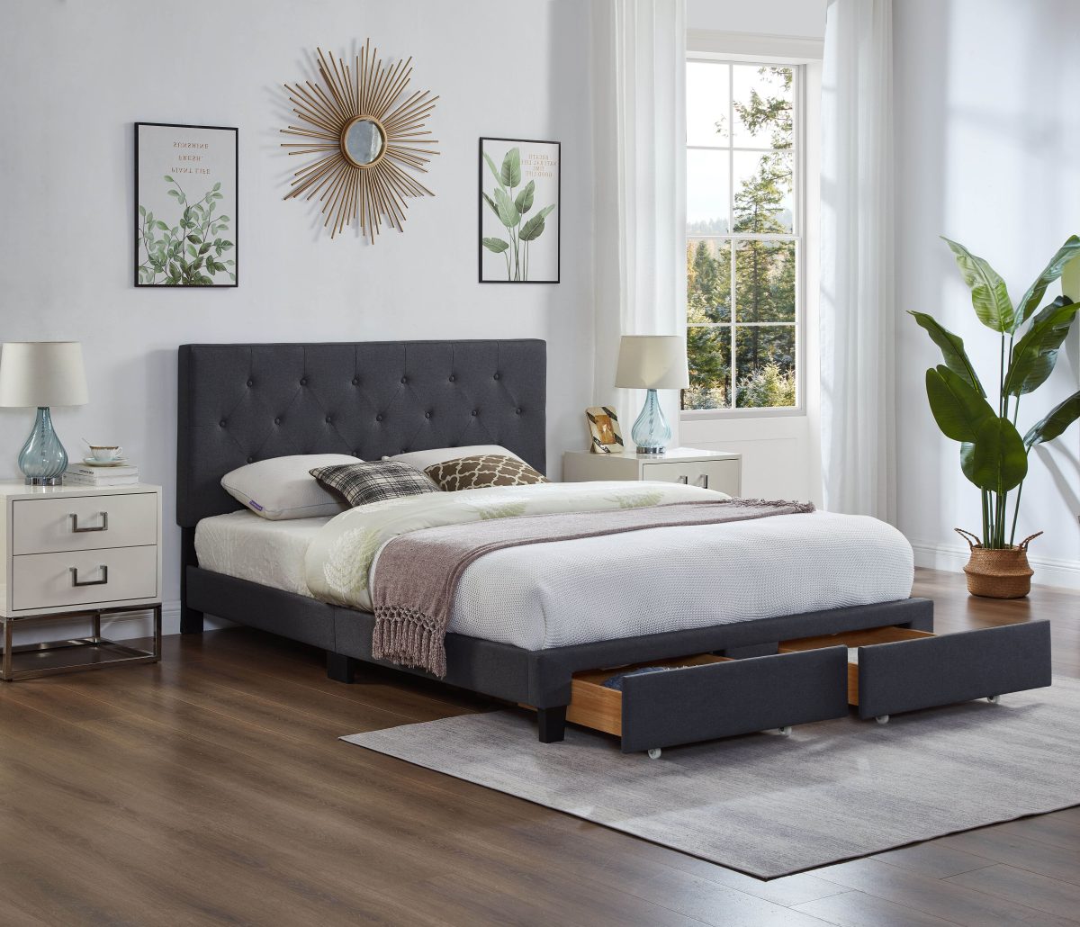 Titus T2125 Modern Linen Platform Storage Bed Adjustable Headboard