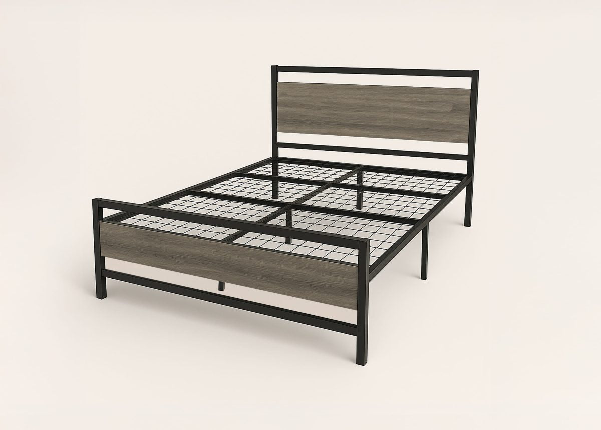 Titus T2288 Modern Distressed Wood Metal Platform Bed Frame