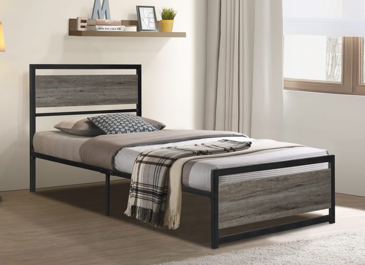 Titus T2288 Modern Distressed Wood Metal Platform Bed Frame