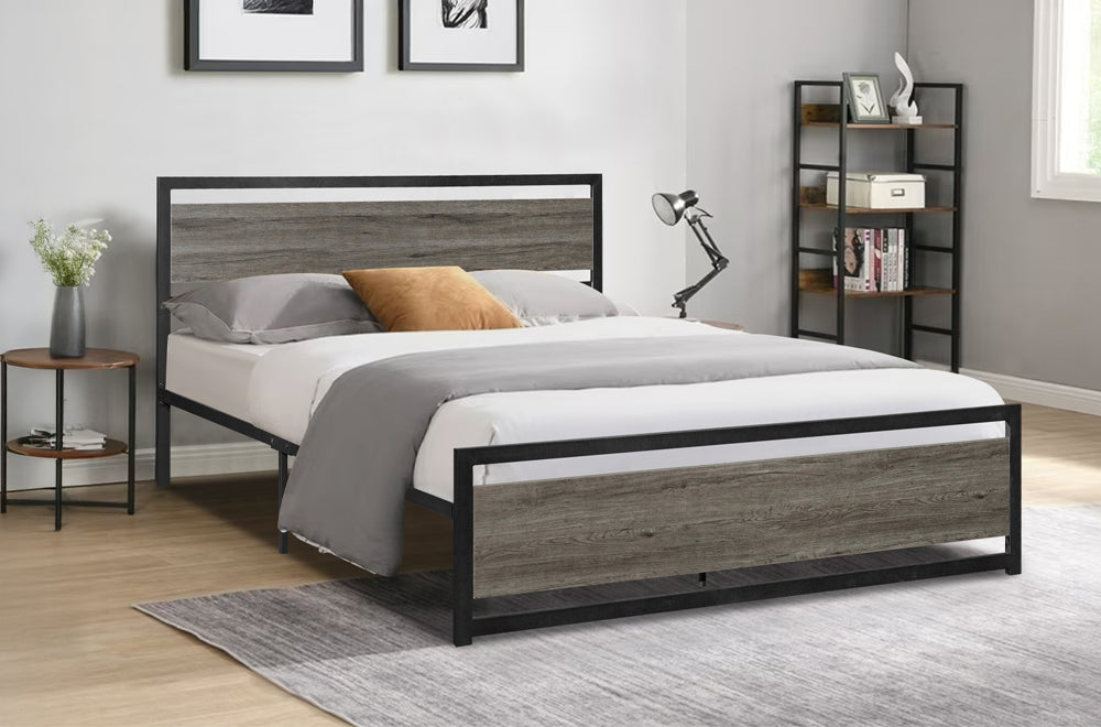 Titus T2288 Modern Distressed Wood Metal Platform Bed Frame