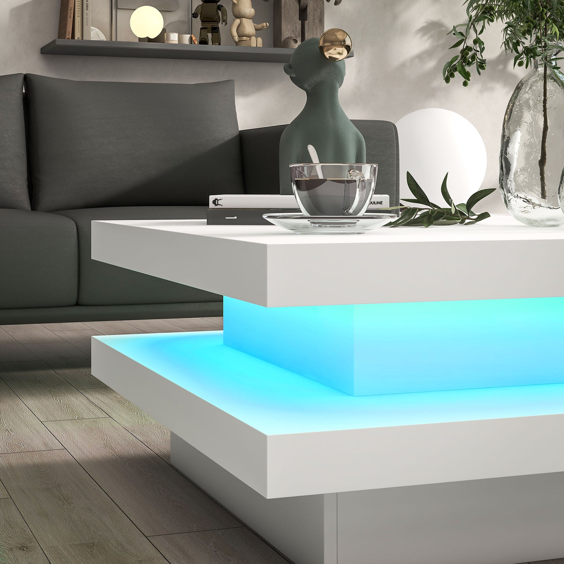 Modern Square Coffee Table with RGB LED Lights, Remote Control, 2-Tier Storage, White
