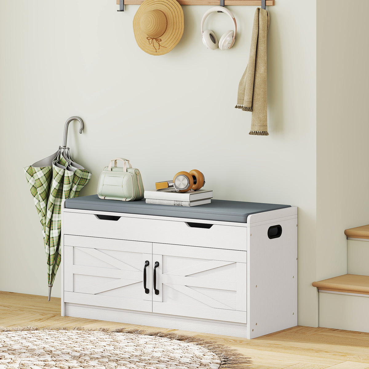 Entryway Shoe Storage Bench with 2-Tier Cabinet – 39"W x 20"H