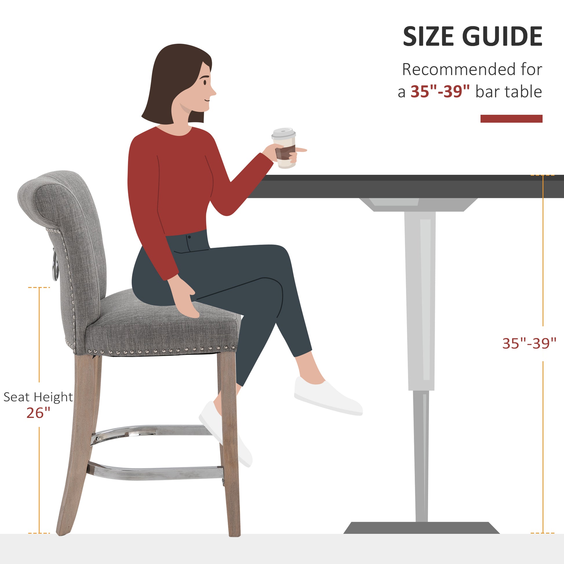 HOMCOM Grey Linen Counter Bar Stools, Set of 2, Solid Wood Legs