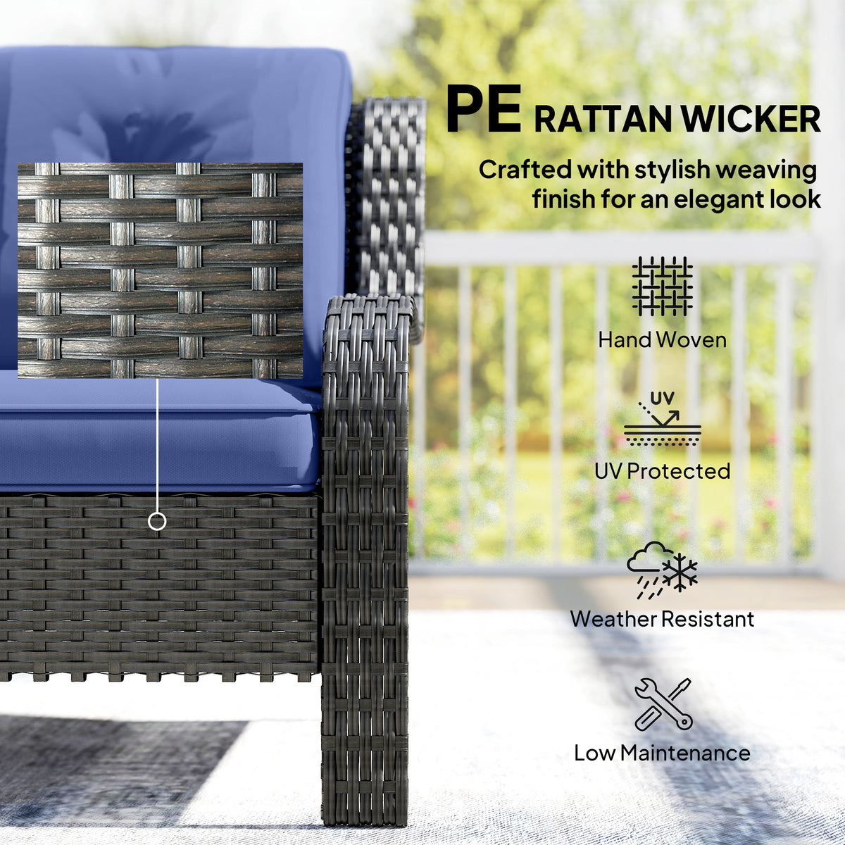 Wicker Patio Sofa with Cushions, 3 Seater Rattan Outdoor Couch for Patio, Garden, Porch, Backyard, Deep