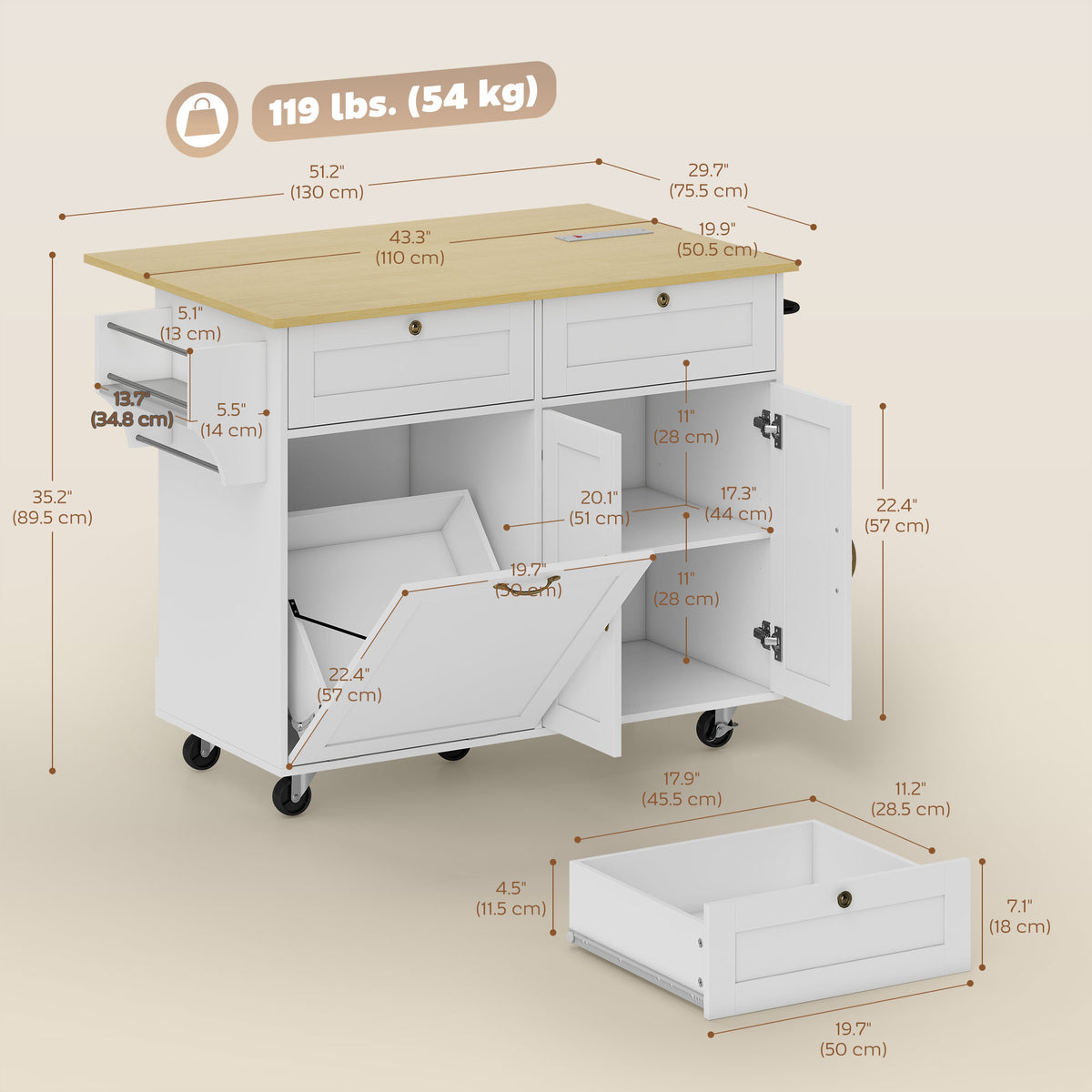 Kitchen Island Cart with Charging Station and Drop Leaf – 51"W x 35"H