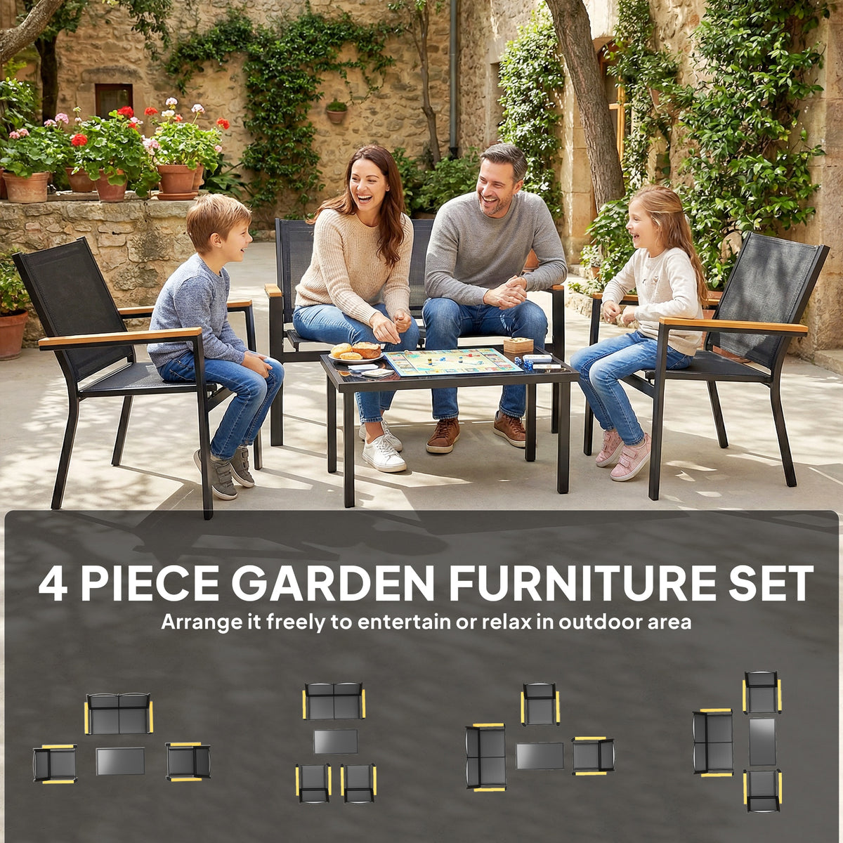 Outdoor 4 Piece Set Patio Furniture with Sofa, Tempered Glass Tabletop for Garden Backyard Porch