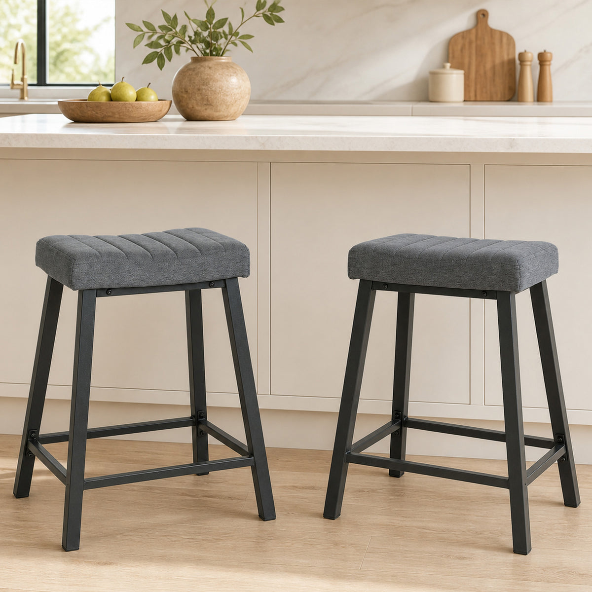 Velvet Counter Stools with Curved Saddle Seat and Footrest, Set of 2, Grey