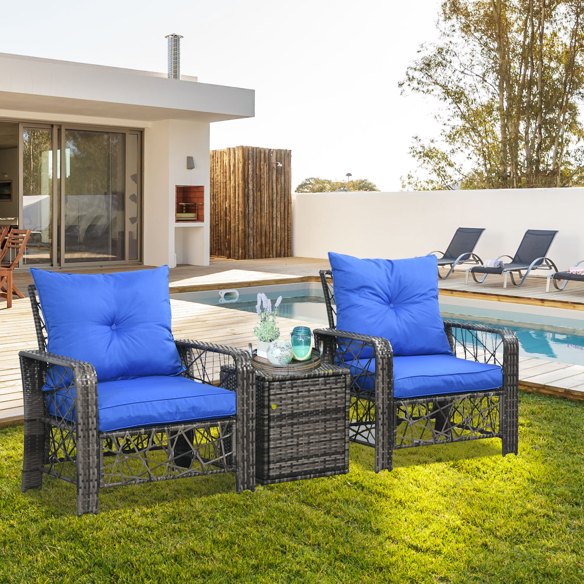 3 Pieces Wicker Patio Furniture Set, Rattan Bistro Set with Storage Coffee Table and Thickened Cushions, Outdoor Conversation Set for Garden, Porch, Balcony