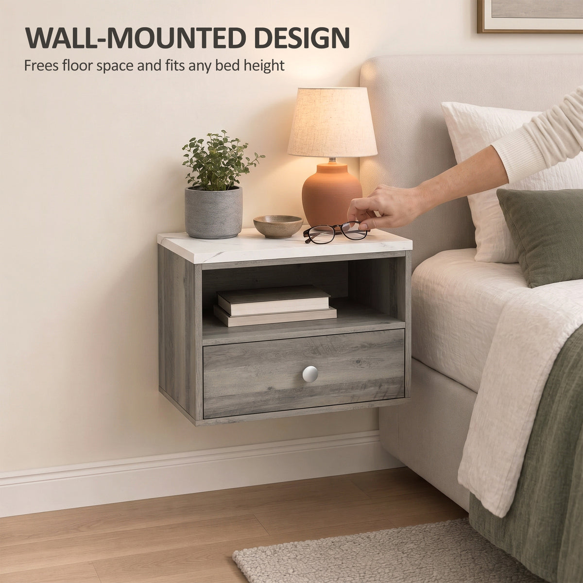 Floating Nightstands with Marble-Effect Top, Set of 2 – 11"W x 10"H