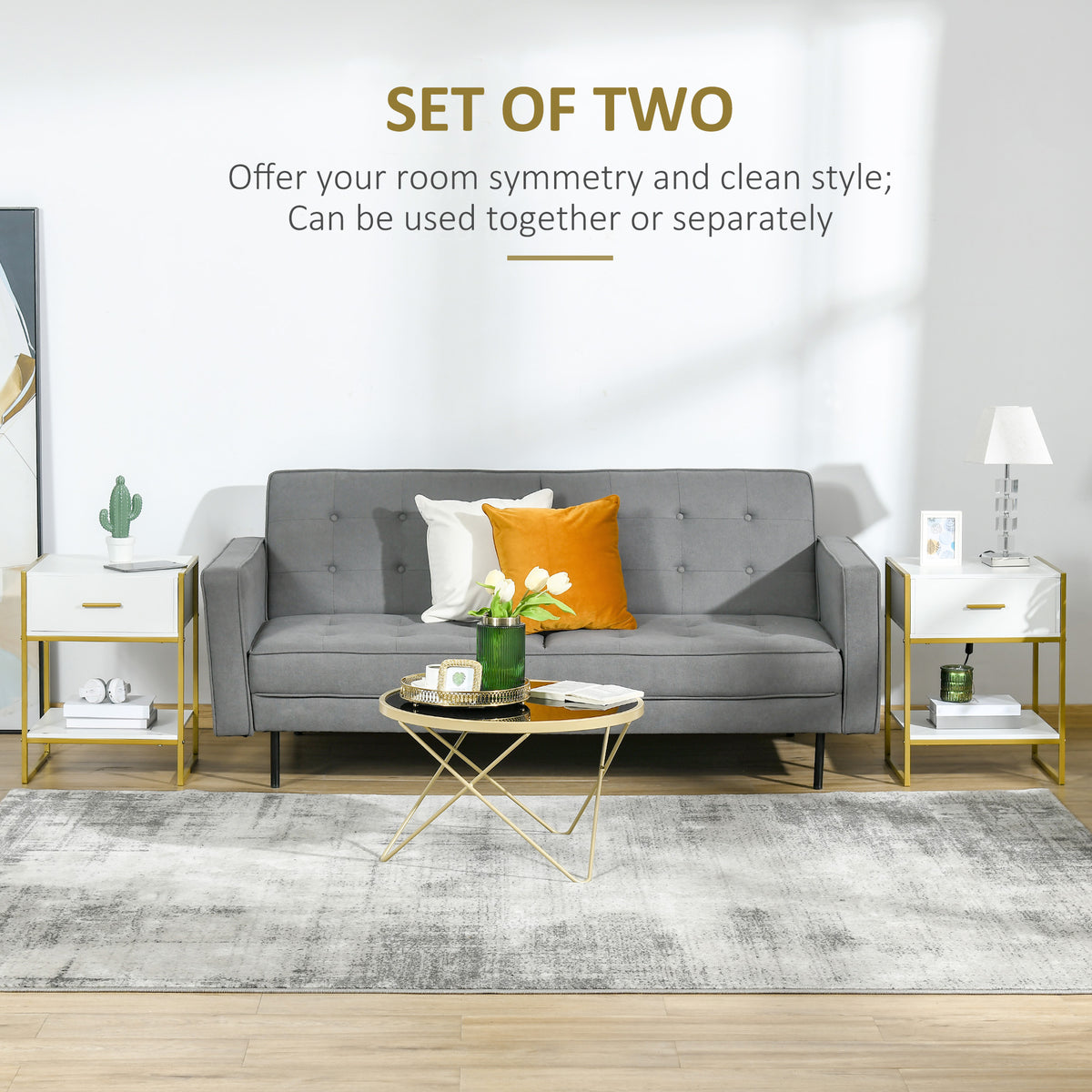 Nightstands with Drawer, Shelf and Steel Frame, Set of 2 – 18"W x 24"H