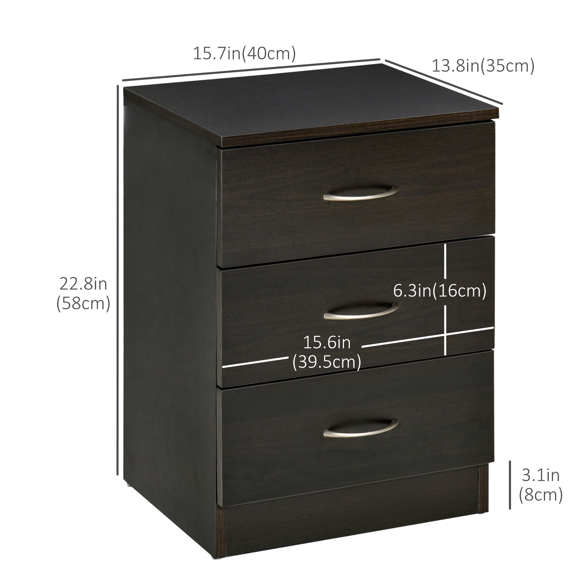 HOMCOM Modern Bedside Table, 3-Drawer Storage Cabinet, Wooden Nightstand for Bedroom