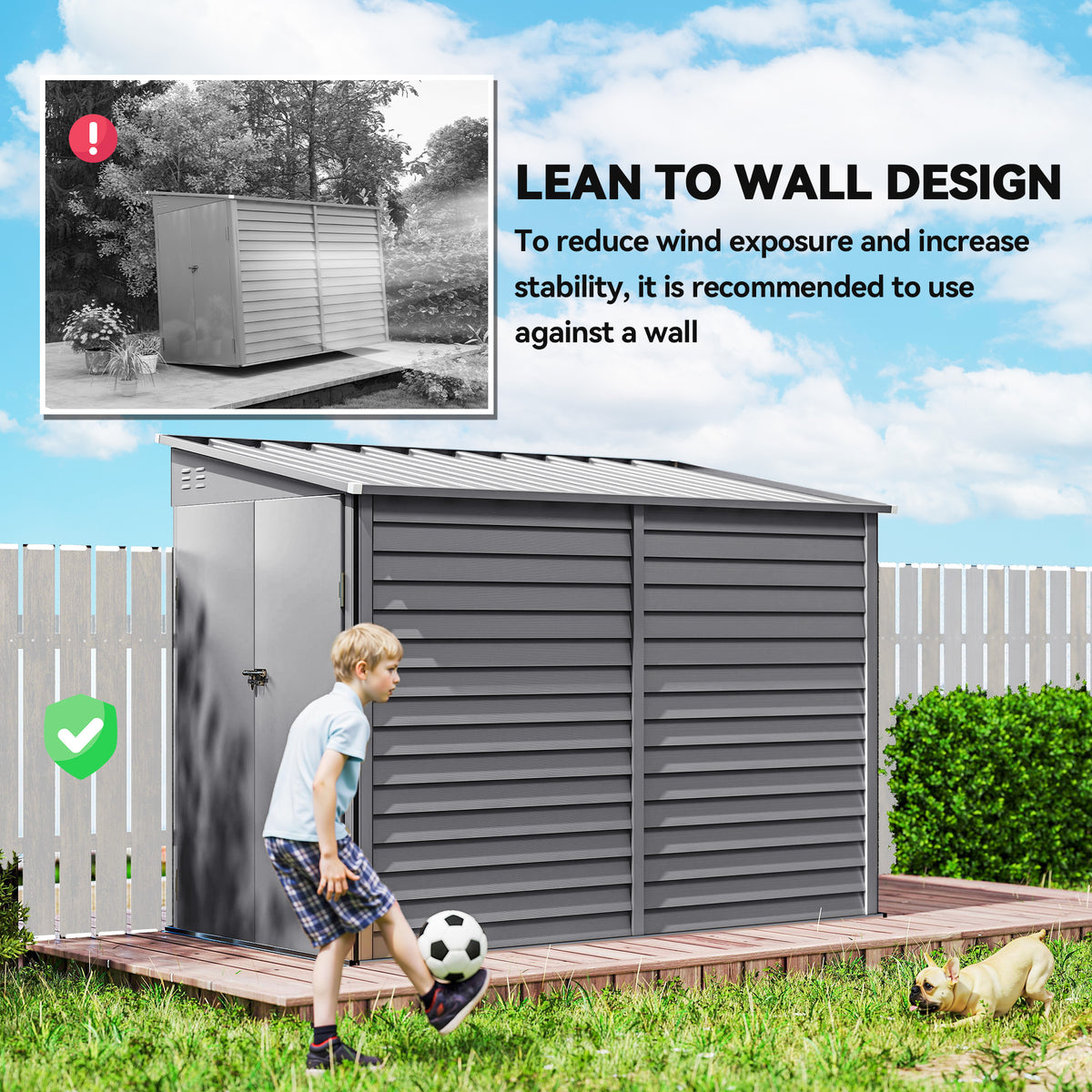 4.6' x 9' Steel Outdoor Storage Shed, Lean to Shed w/ Foundation Kit, Lockable Doors, Gloves & Air Vents for Backyard, Patio – Grey