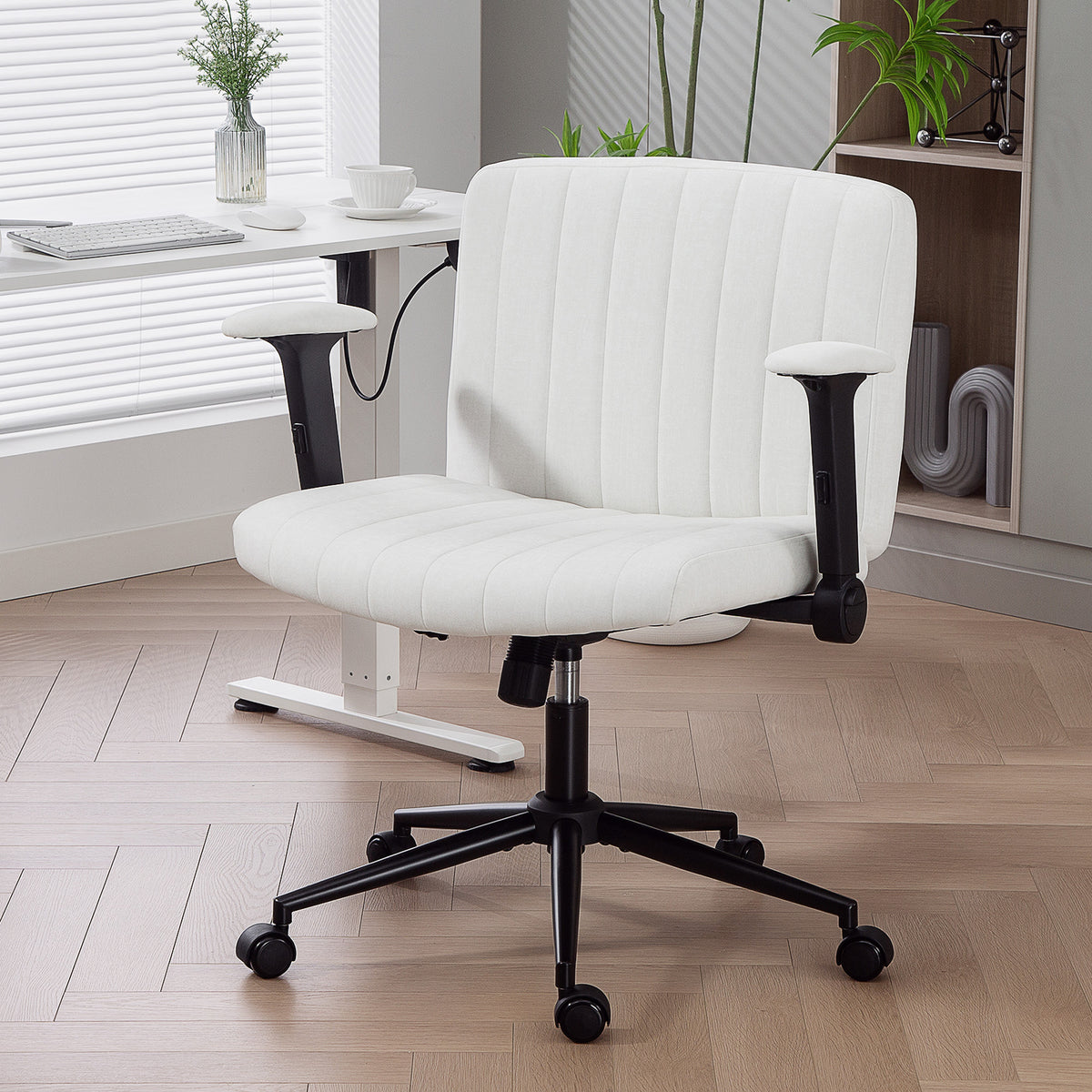 Criss Cross Chair with Flip-up Armrests, Wheels, Cream White