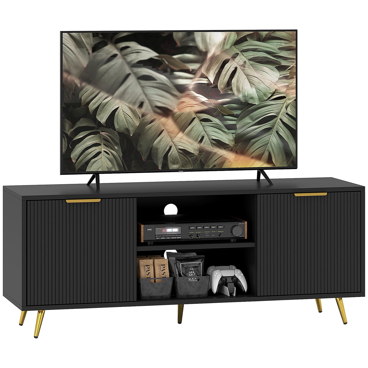 Sleek Black HOMCOM TV Stand for 55" TVs, Open Shelves & Cabinets