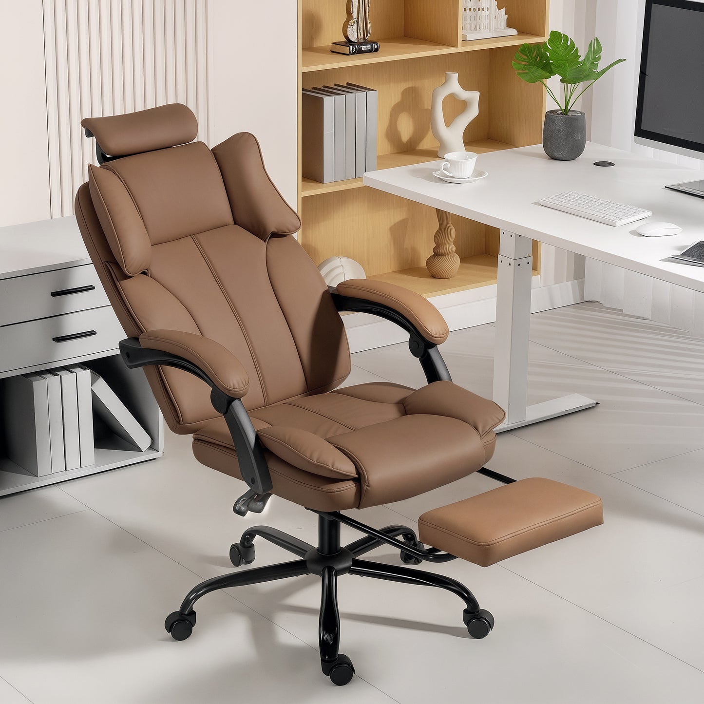 HOMCOM Executive Reclining Office Chair, Pet-Friendly Fabric, Footrest, Swivel Wheels, Brown