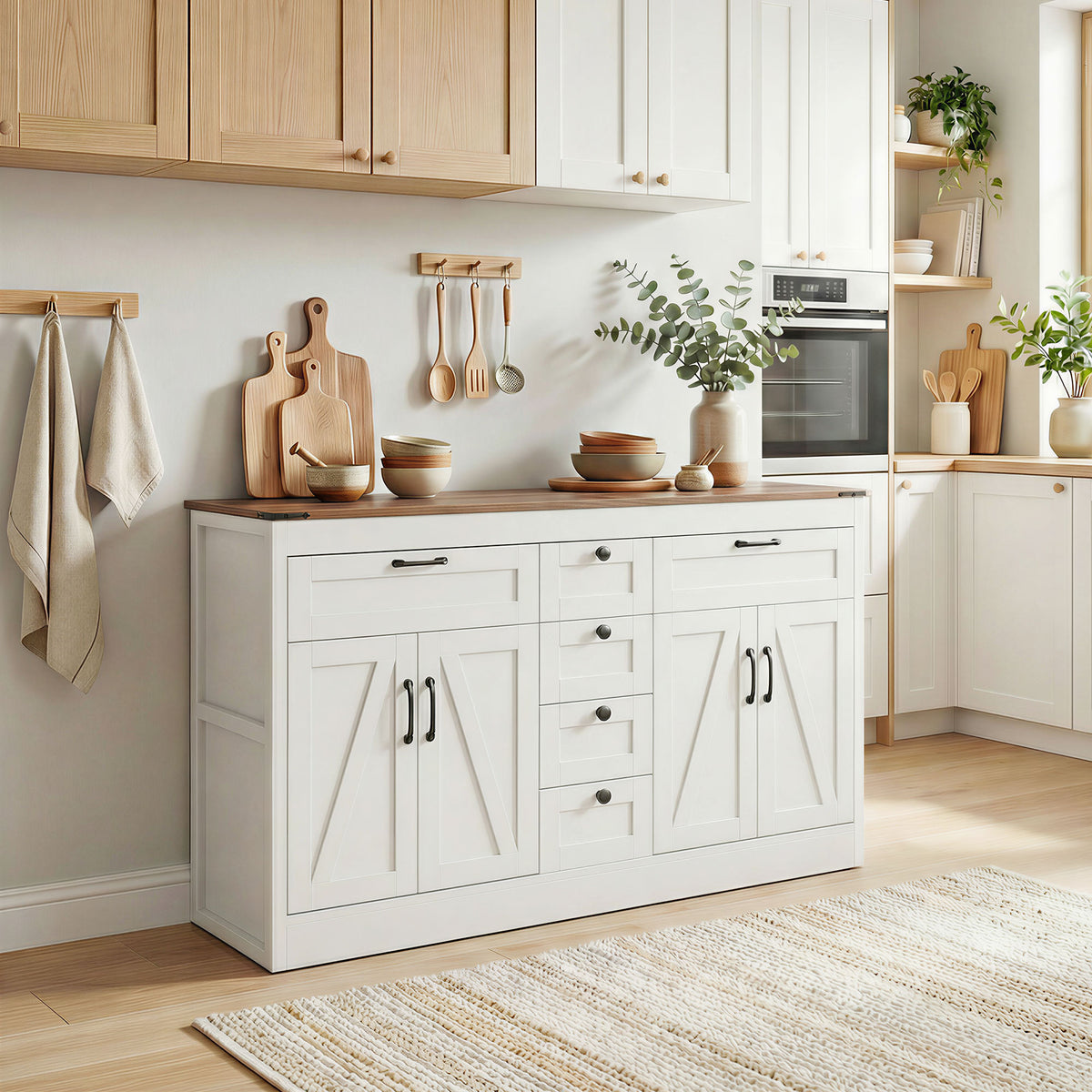 Farmhouse Kitchen Cabinet with 4 Barn Doors – 55"W x 32"H
