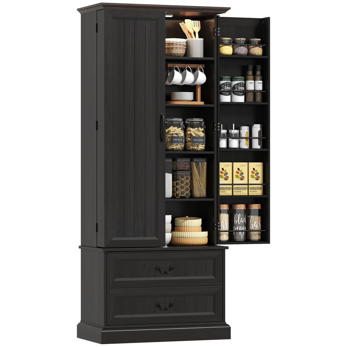 LED Kitchen Pantry Cabinet with 10 Door Shelves and 2 Drawers – 30"W x 72"H