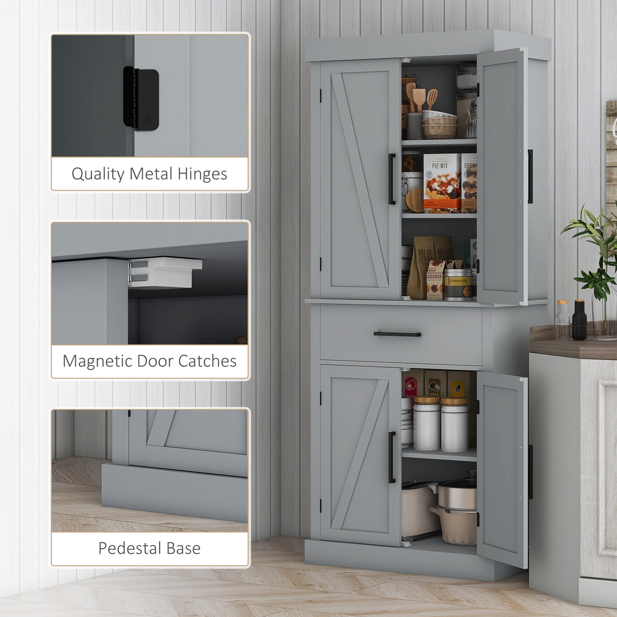 Farmhouse Kitchen Pantry Cabinet with 4 Barn Doors – 30"W x 72"H