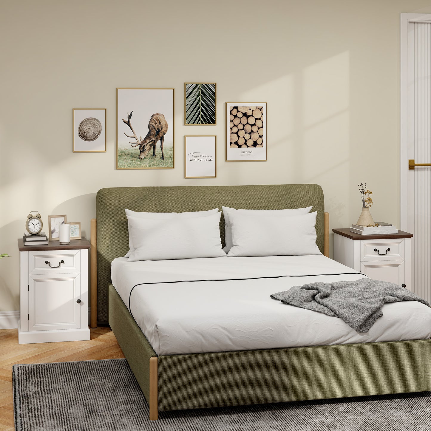 Set of 2 HOMCOM Farmhouse White Nightstands with Drawer and Cabinet