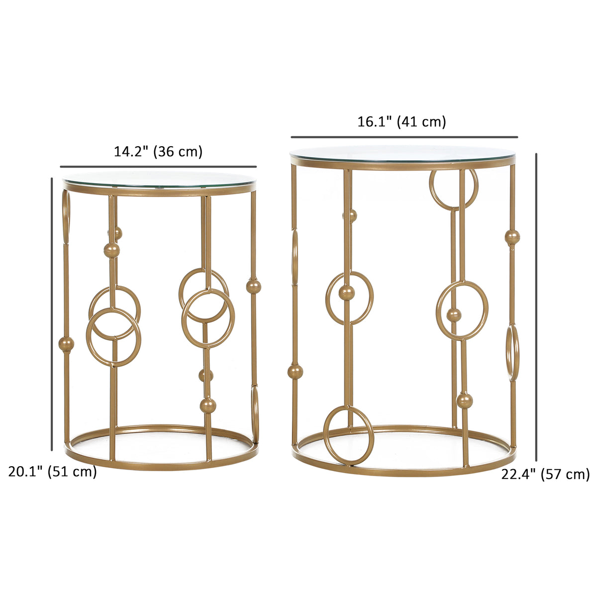 Gold Round Nesting Coffee Tables, Set of 2, Tempered Glass Top