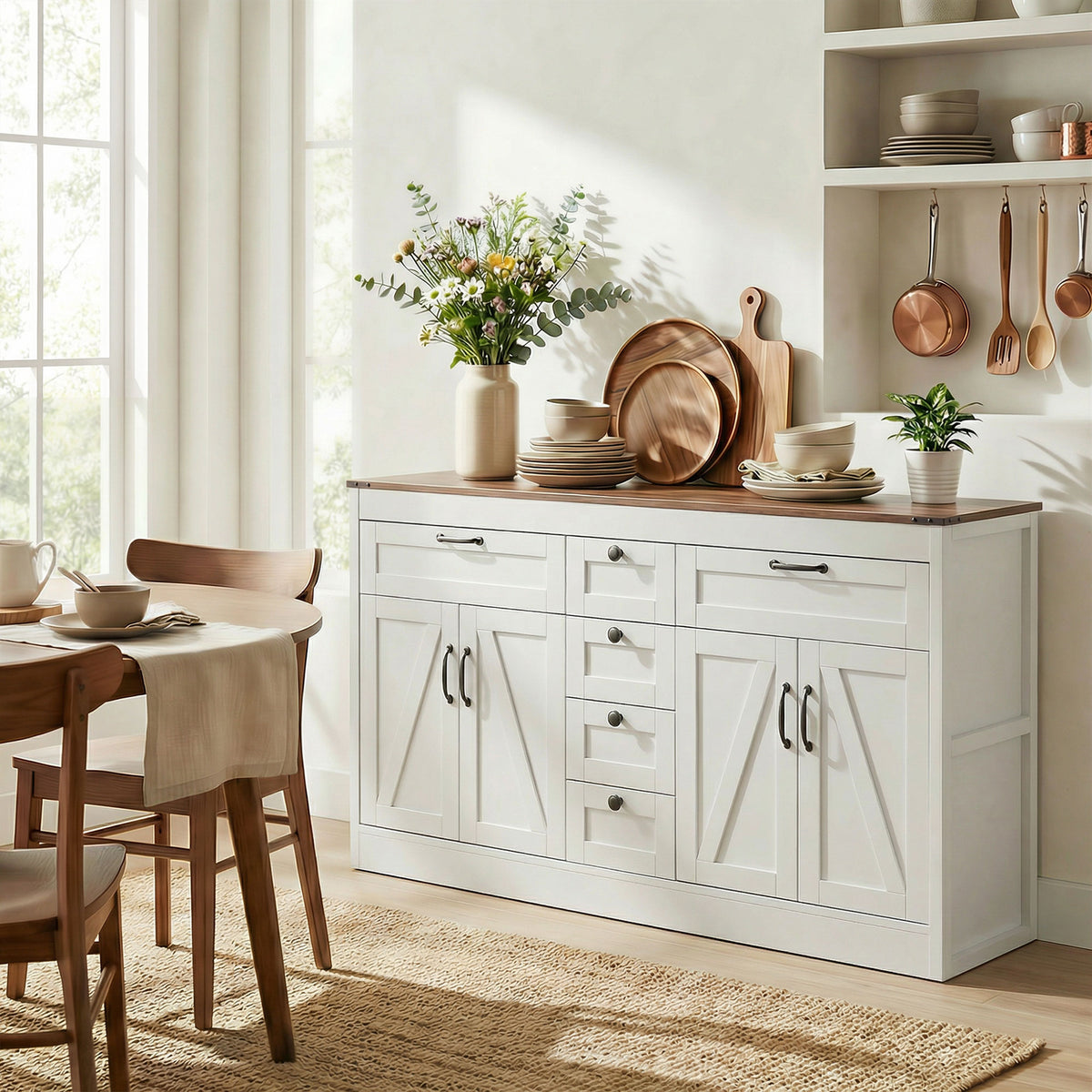 Farmhouse Kitchen Cabinet with 4 Barn Doors – 55"W x 32"H