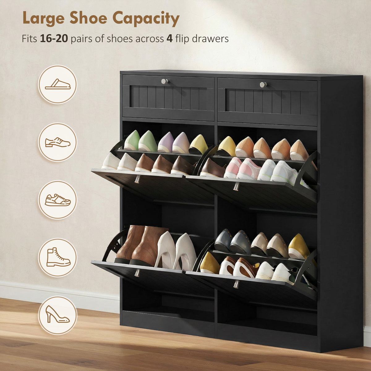 Shoe Cabinet with 2 Large Flip Drawers – 41"W x 39"H