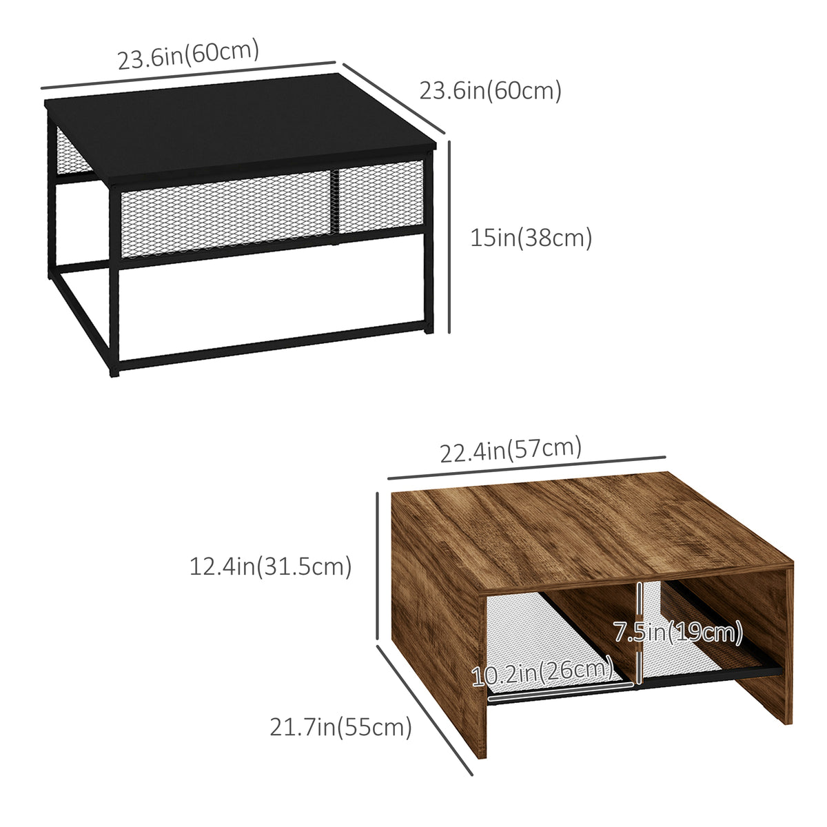 Industrial Nesting Coffee Table Set of 2 with Mesh Shelves, Rustic Brown